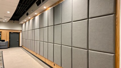 A medium closeup of a completed section of soundproofed wall showcasing the uniformity and color of the panels against adjacent surfaces.