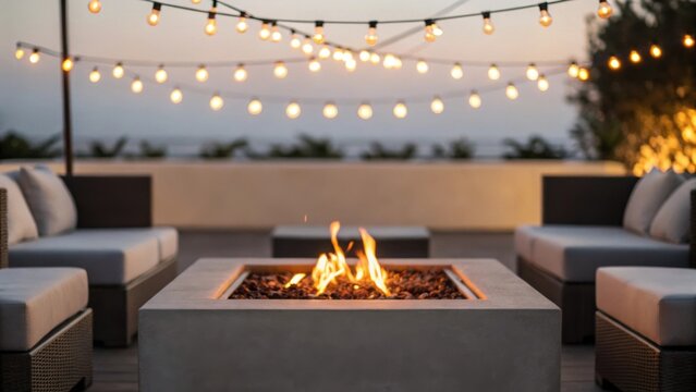 A medium closeup of a contemporary fire pit surrounded by minimalist seating where warm flames flicker against a backdrop of softly glowing string lights overhead.