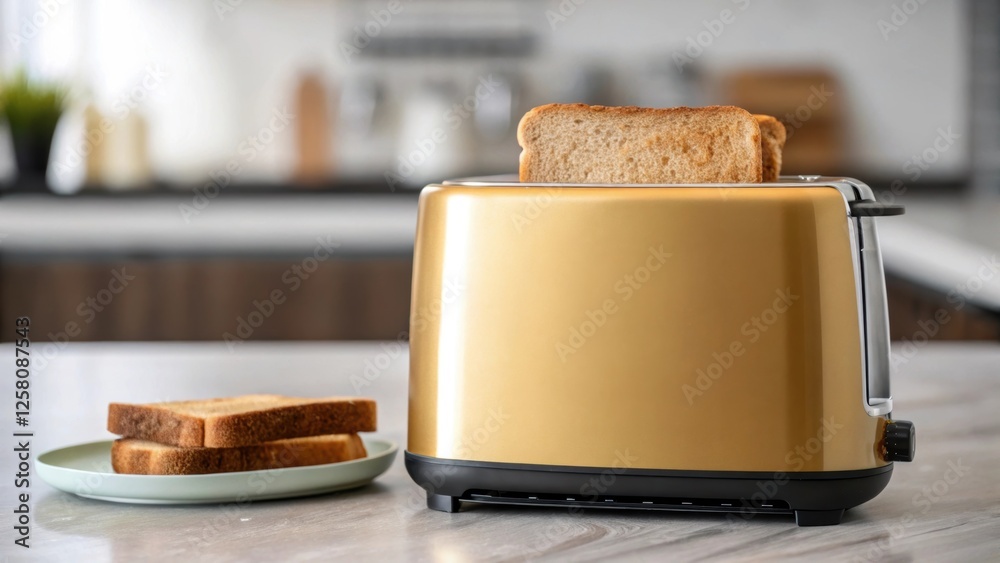 Poster a medium closeup of a countertop with a sleek energyefficient toaster and wholegrain bread presentin