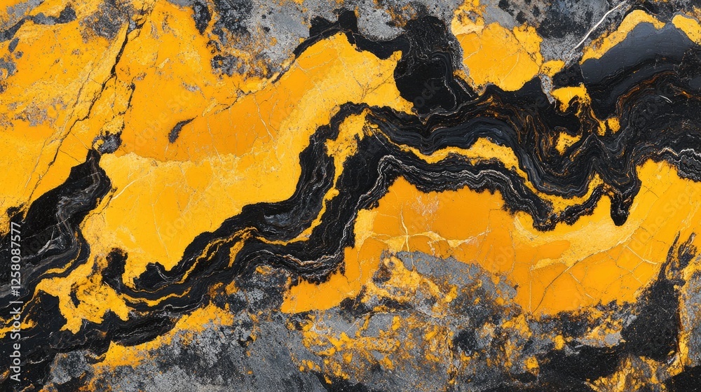 Poster a rugged rock surface with bold yellow and black patterns, captured in a close-up view to reveal the