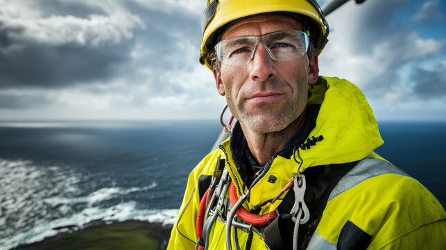 technician in yellow safety jacket and helmet stands on wind turbine, overlooking ocean