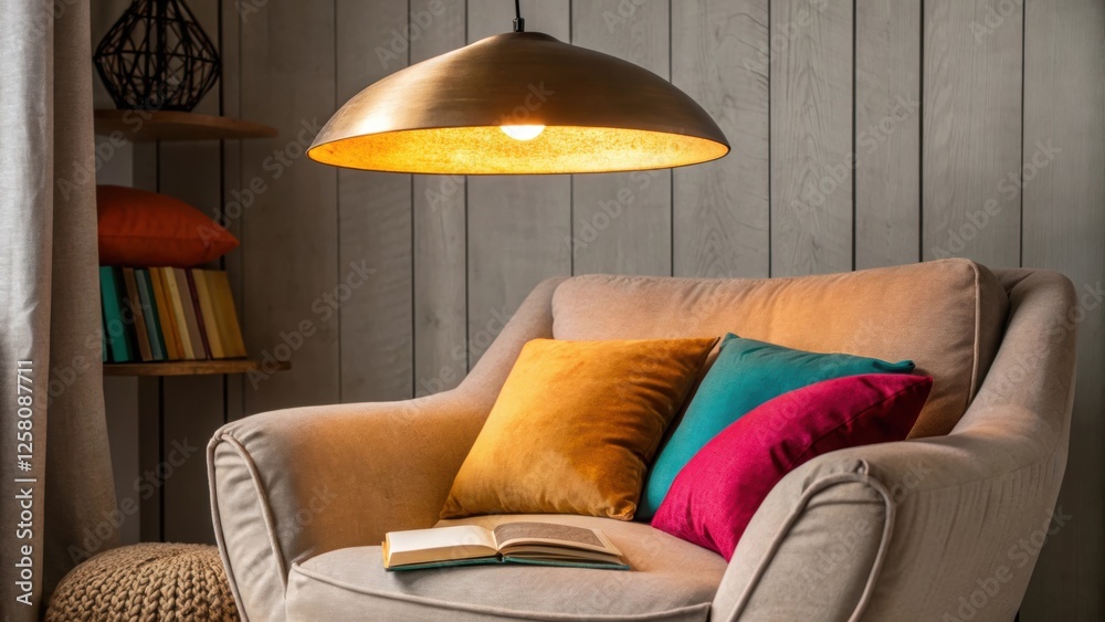 Poster a medium closeup of a cozy reading nook featuring a stylish oversized pendant lamp that illuminates 