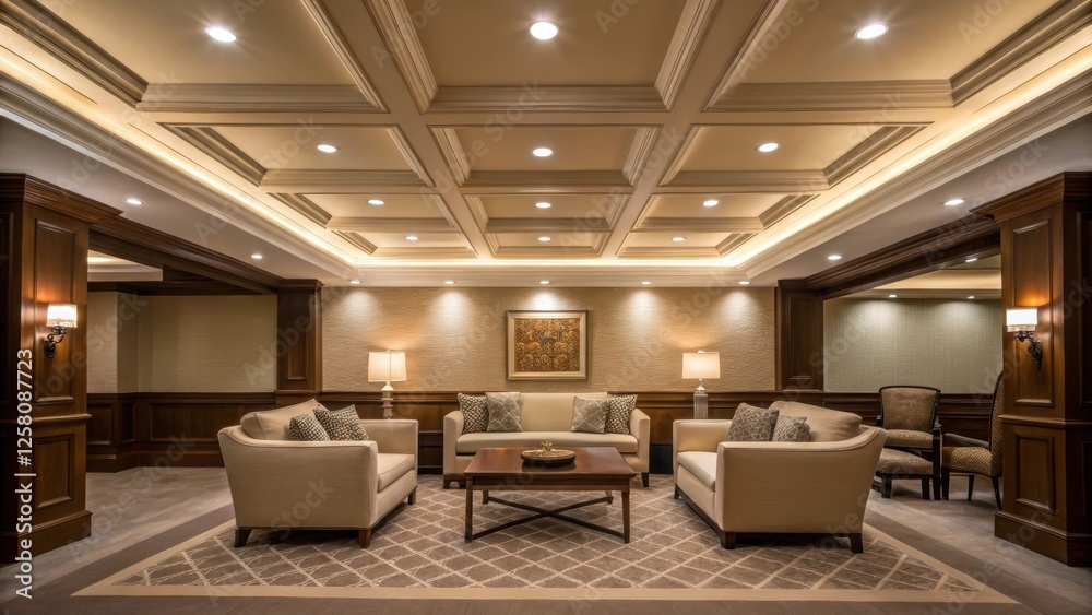 Poster a medium closeup of a cozy seating area beneath a coffered ceiling with soft recessed lighting illus