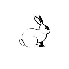 Outline of a white rabbit, with black detail, black outline, set against a white background.