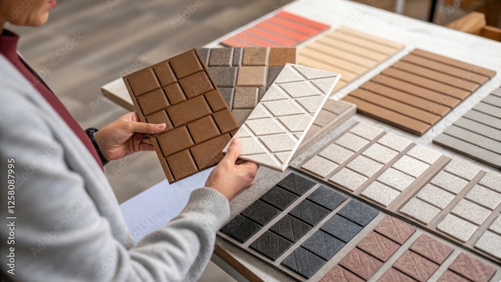 Aufkleber A medium closeup of a designer selecting decorative tile patterns for a heated patio with samples laid out to visually compare textures and colors.
