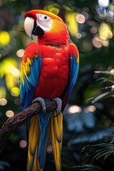 Obraz premium Scarlet Macaw Perched on Branch in Lush Green Foliage