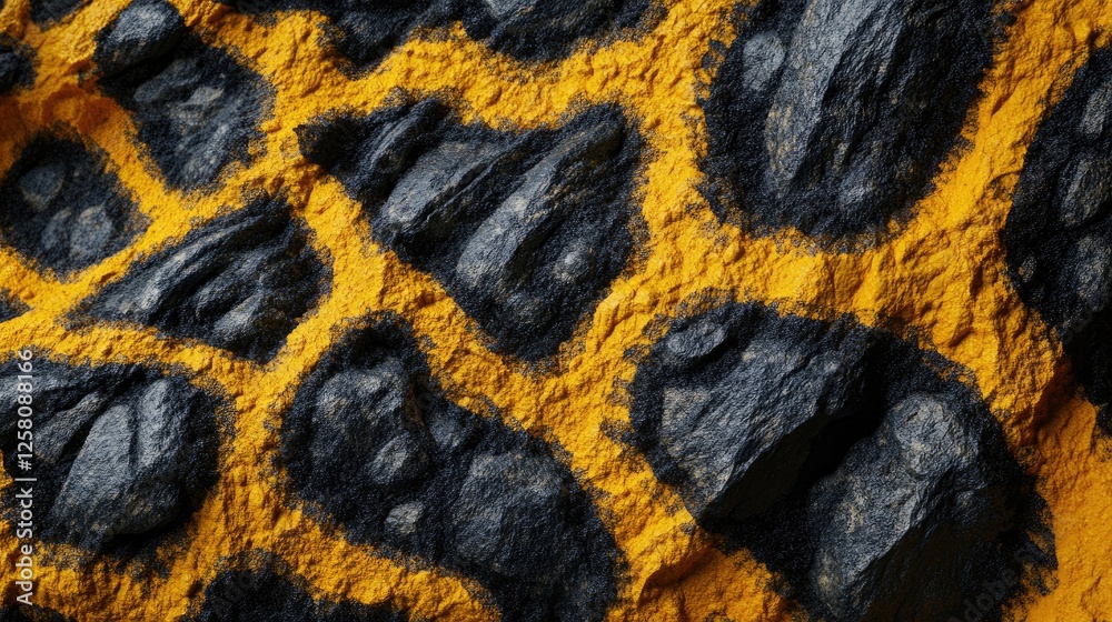 Poster A rugged rock surface with distinctive yellow and black patterns, captured up close to highlight the rich textures and organic beauty of the stone.