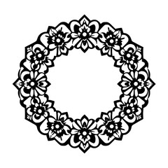 Circular floral wreath of a unique black and white pattern.