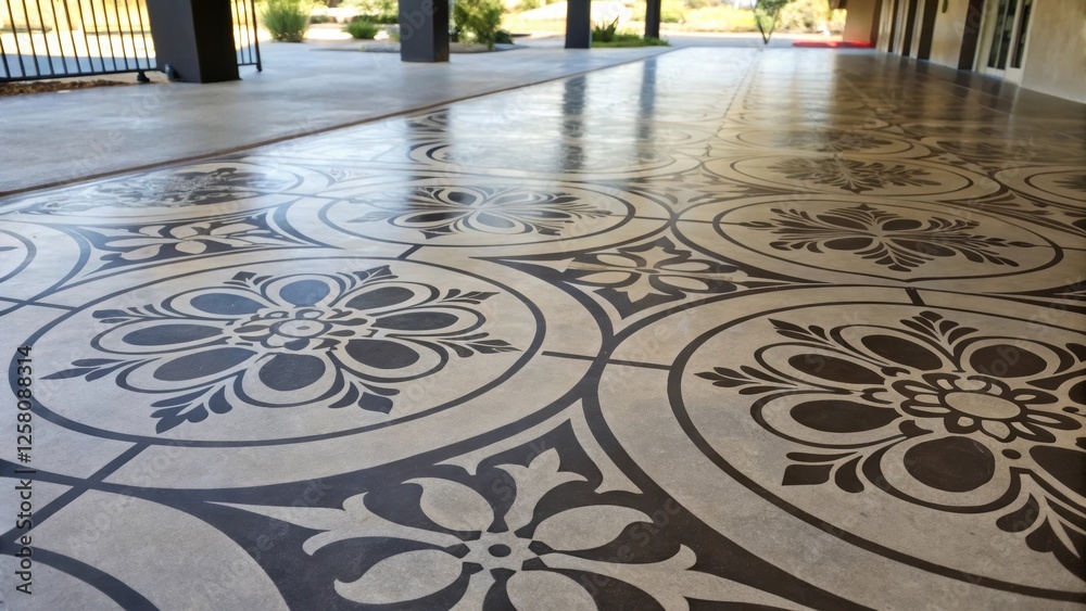 Poster A medium closeup of a finished concrete floor featuring a unique pattern created by stencil work emphasizing the contrast between the dark and light shades.