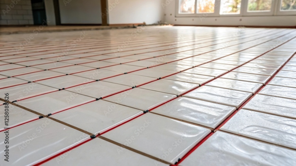 Poster A medium closeup of a finished underfloor heating system beneath a layer of tiled flooring showing the smooth seamless surface ready for use.