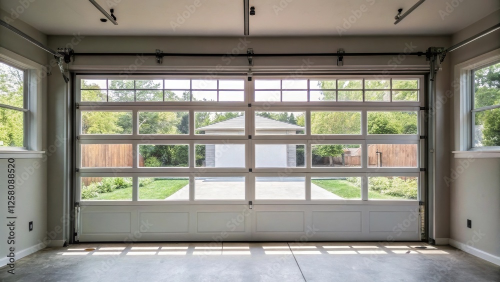 Poster a medium closeup of a garage door transformed into large windows allowing natural light to flood the