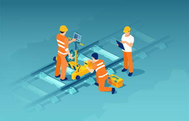 railway engineer and subway maintenance workers inspecting rail tracks, isometric vector