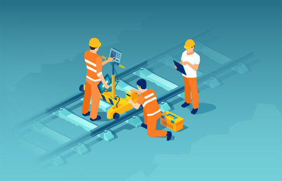 railway engineer and subway maintenance workers inspecting rail tracks, isometric vector