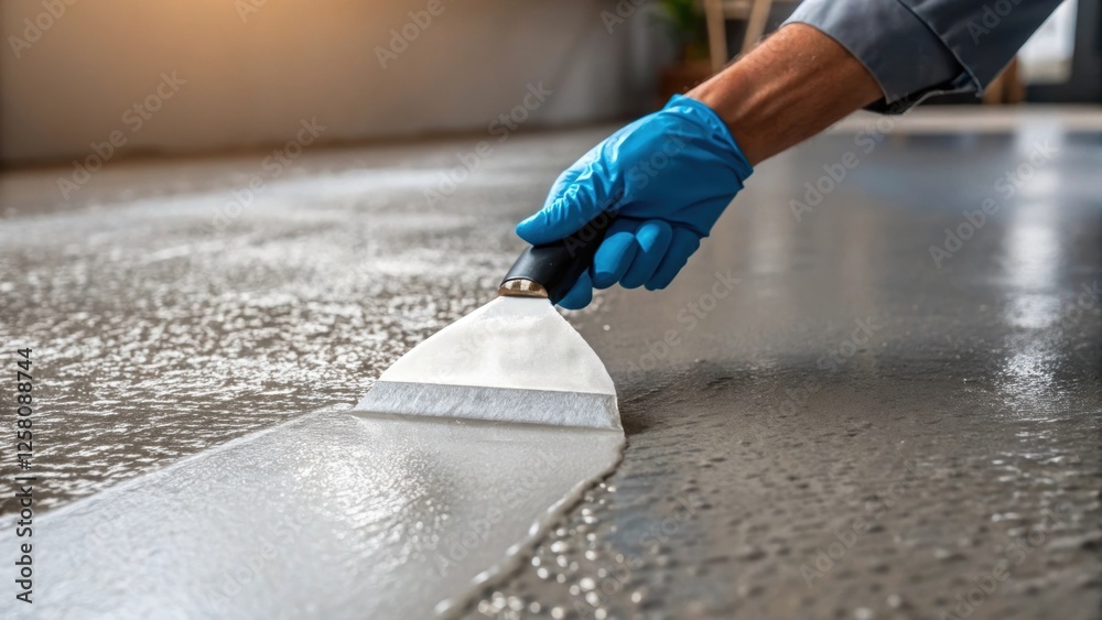Aufkleber A medium closeup of a gloved hand using a spatula to expertly spread a layer of clear epoxy resin across a textured concrete floor capturing the interaction between the tool and