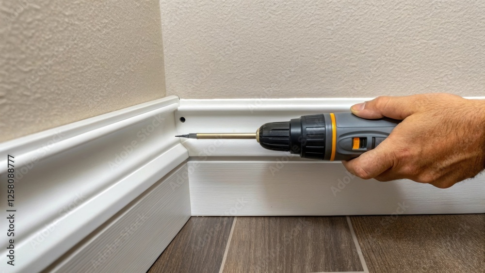 Poster A medium closeup of a hand using a screwdriver to firmly attach the baseboard to the wall with the smooth finish of the unit contrasting the textured paint.