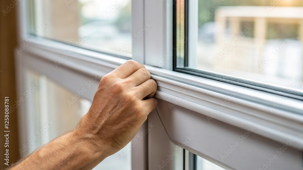 Poster A medium closeup of a hand applying weatherstripping around a window frame emphasizing the careful attention to detail involved in sealing potential drafts.