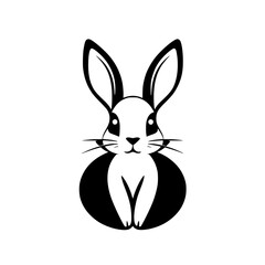 Black-and-white rabbit portrait, graphic illustration of a bunny, sitting with large ears and upright.