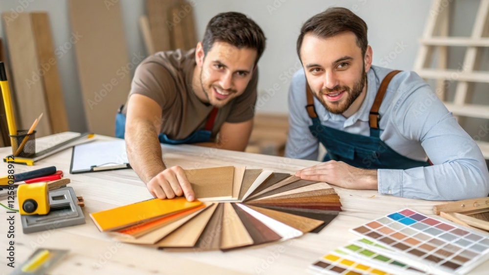 Poster A medium closeup of a homeowner discussing design elements with a carpenter showcasing a range of wood finishes and paint samples spread out on a workbench.