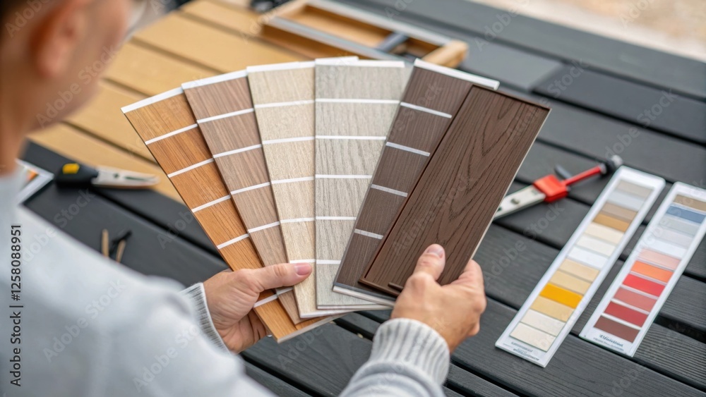 Poster A medium closeup of a homeowner inspecting two different samples of weatherresistant decking analyzing the textures and color swatches against a backdrop of tools.