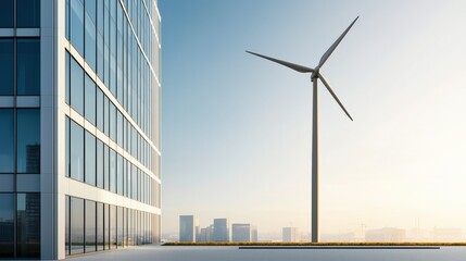 Modern building with wind turbine against clear sky.