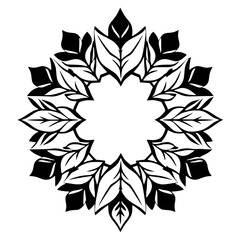 Black and white symmetrical floral pattern of leaves and leaves with an empty circle in the middle, vector.