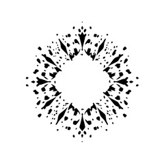 Black and white abstract floral design with a central circular opening and dot pattern around it.
