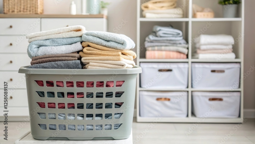 Poster A medium closeup of a laundry basket filled with freshly washed clothes positioned in front of a compact stackable unit capturing the coziness of a efficiently designed space.