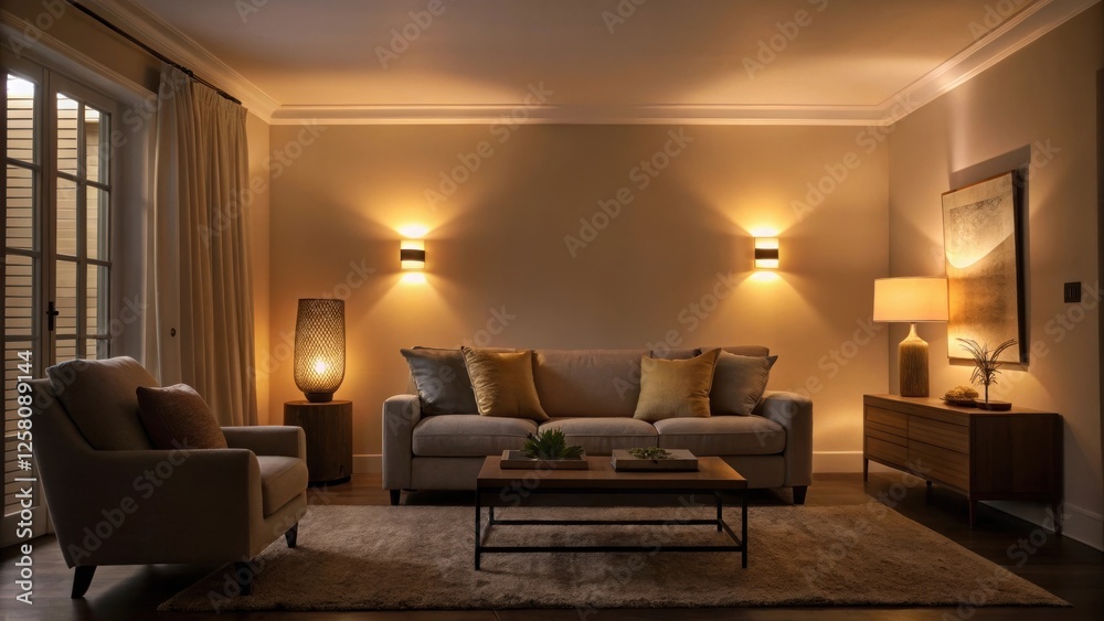 Leinwandbilder a medium closeup of a living room with warm ambient smart lights creating a cozy atmosphere with sof