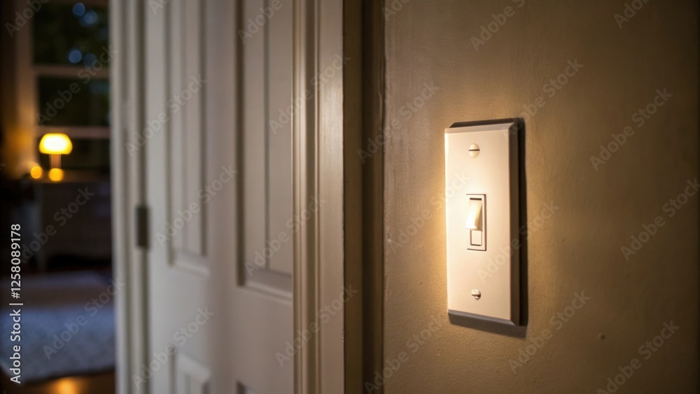 Poster A medium closeup of a light switch on the wall with a soft glow illuminating an adjacent hidden door suggesting an unexpected transition between two spaces.