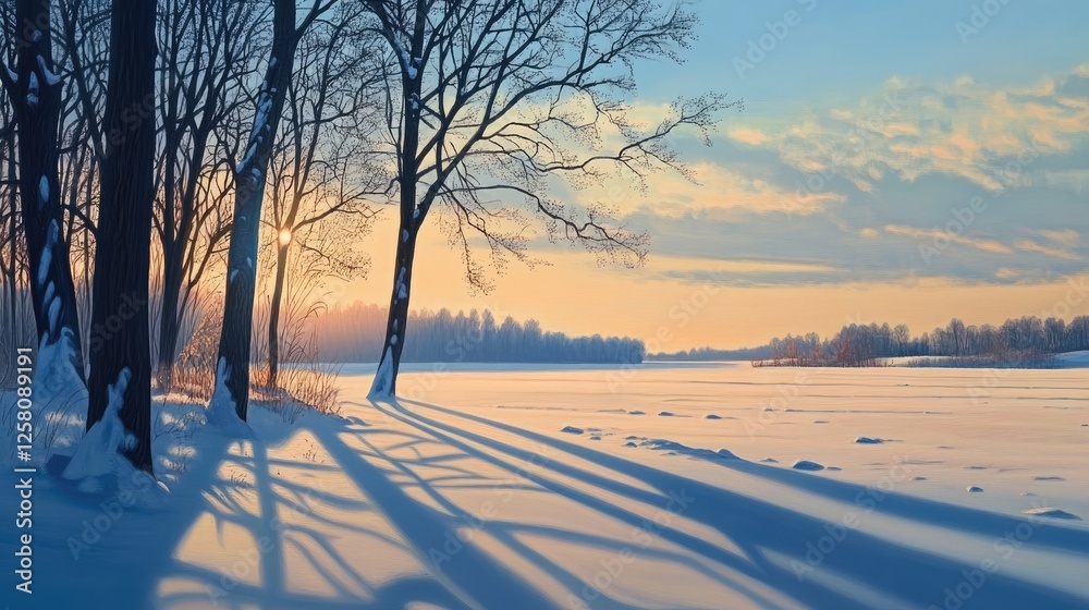 Poster A serene twilight scene, with long tree shadows and a snowy landscape surrounding a frozen lake.