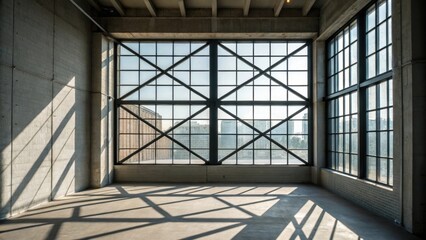 A medium closeup of a large industrialstyle window allowing natural light to flood in casting geometric shadows on the walls and floor.