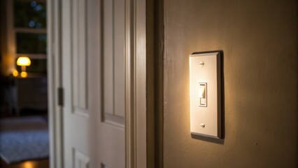 A medium closeup of a light switch on the wall with a soft glow illuminating an adjacent hidden door suggesting an unexpected transition between two spaces.