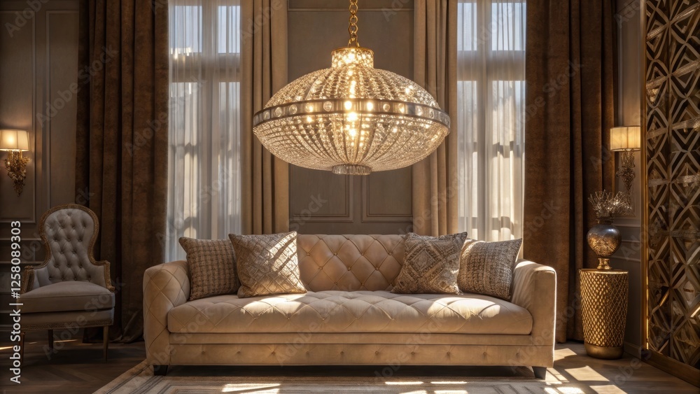 Poster a medium closeup of a luxurious living room with a stunning crystal pendant light catching sunlight 