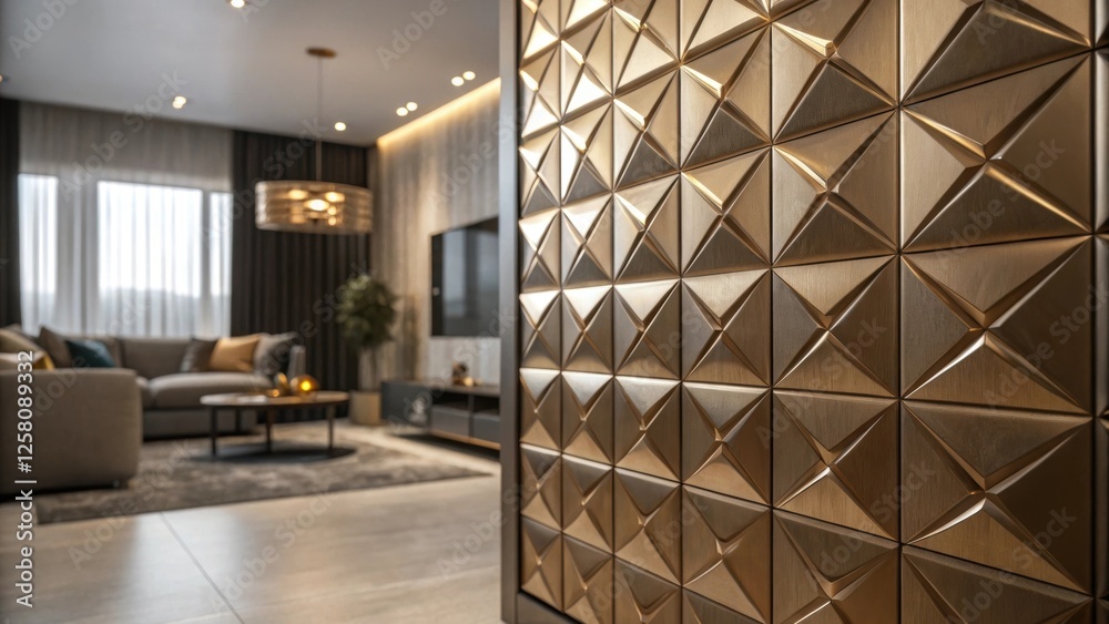 Poster a medium closeup of a metallic 3d wall feature with a gl sheen reflecting ambient light while surrou