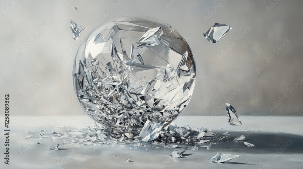 Aufkleber A shattered crystal sphere with floating sharp fragments in mid-air, creating a striking contrast of delicate beauty and sharp edges, set against a soft light grey background.