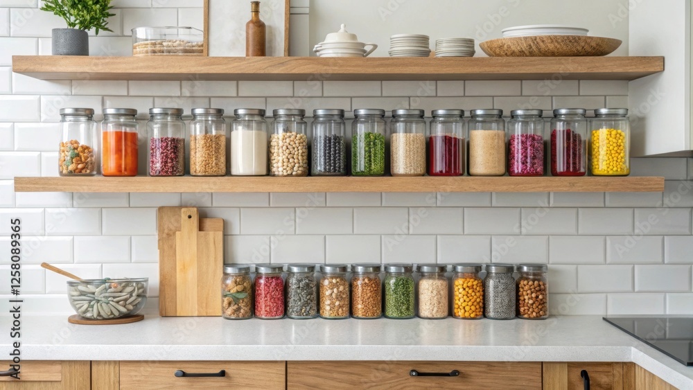 Aufkleber A medium closeup of a modern kitchen with wooden open shelves displaying a curated collection of glass jars filled with colorful es and grains enhancing both functionality and
