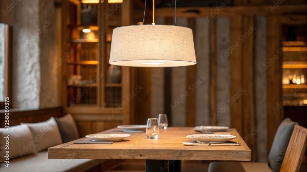 Poster a medium closeup of a minimalist pendant light suspended over a rustic wooden dining table featuring