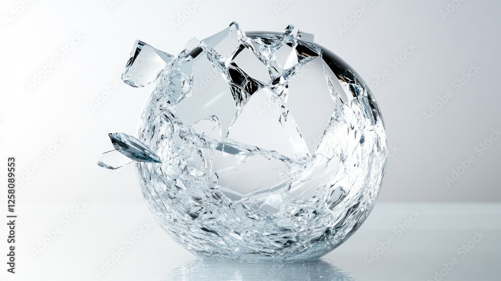 Aufkleber A shattered crystal sphere with floating sharp fragments in mid-air, creating a striking contrast of delicate beauty and sharp edges, set against a soft light grey background.