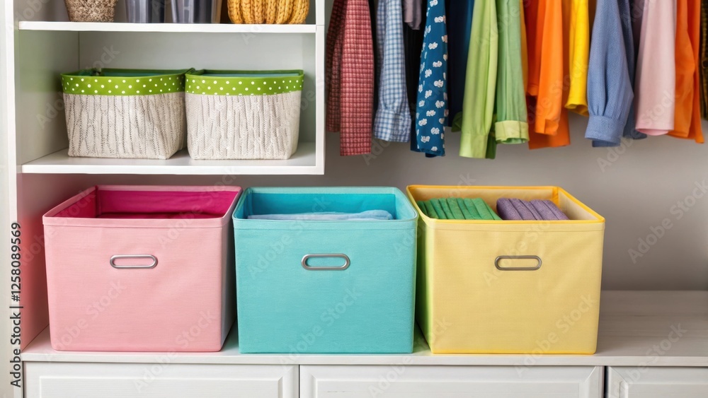 Aufkleber A medium closeup of an array of colorful fabric bins on an open shelf displaying an inviting and vibrant organization od within the walkin closet.