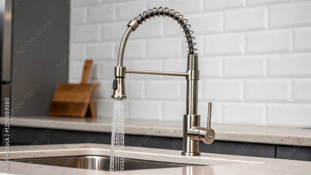 Poster a medium closeup of a multifunctional kitchen faucet with a pulldown sprayer demonstrating its innov