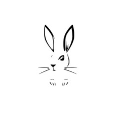 A minimalistic monochrome rabbit illustration, featuring bold lines and a neutral background.