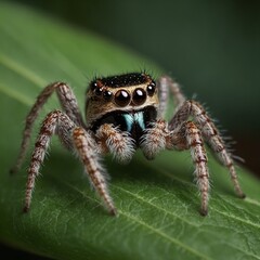 Macro of a Spider's Fangs and Web. little black spider-racehorse on green clover leaf spider on the web Closeup photo of a alive Spider macro 35mm close up film still photography natural light