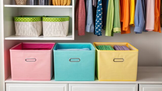 A medium closeup of an array of colorful fabric bins on an open shelf displaying an inviting and vibrant organization od within the walkin closet.