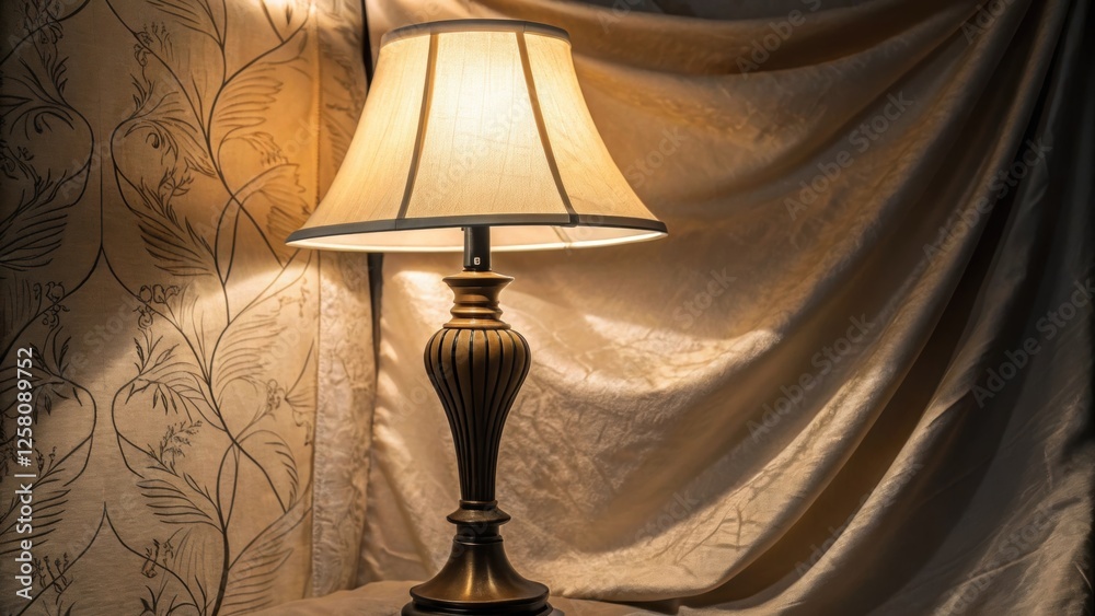 Poster a medium closeup of an elegant bedside lamp casting a warm glow against a textured fabric wall highl