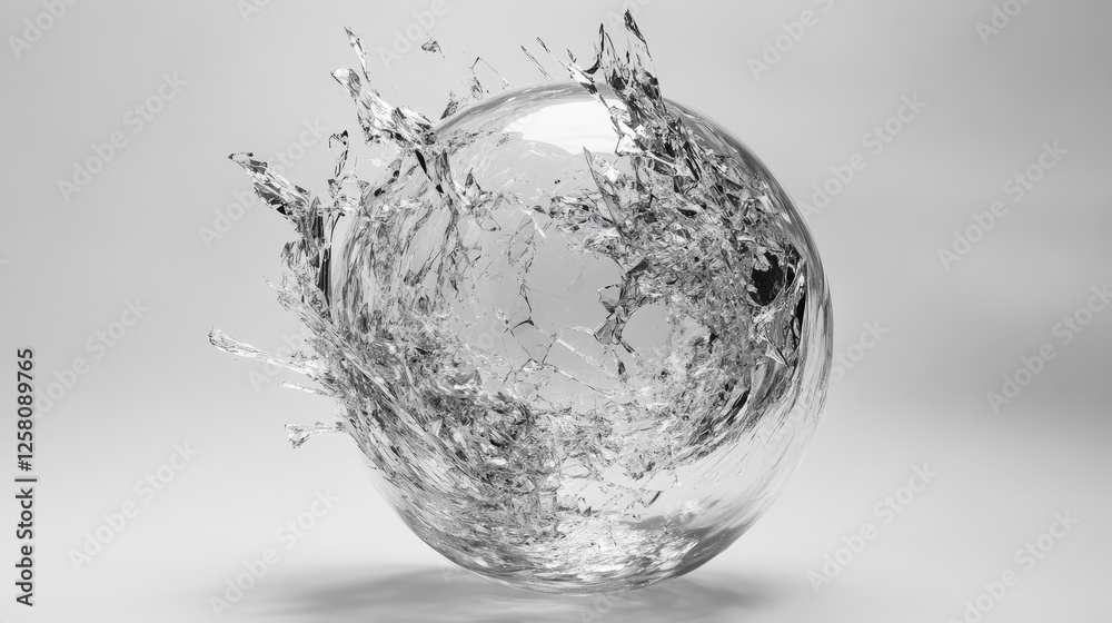 Aufkleber A shattered crystal sphere with sharp fragments floating in mid-air, creating a captivating visual of fragility and elegance against a soft light grey background.