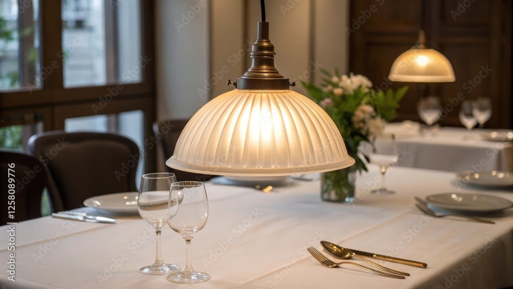 Poster A medium closeup of an elegant pendant lamp with a frosted glass shade diffusing gentle light over a wellset table creating an intimate dining experience.