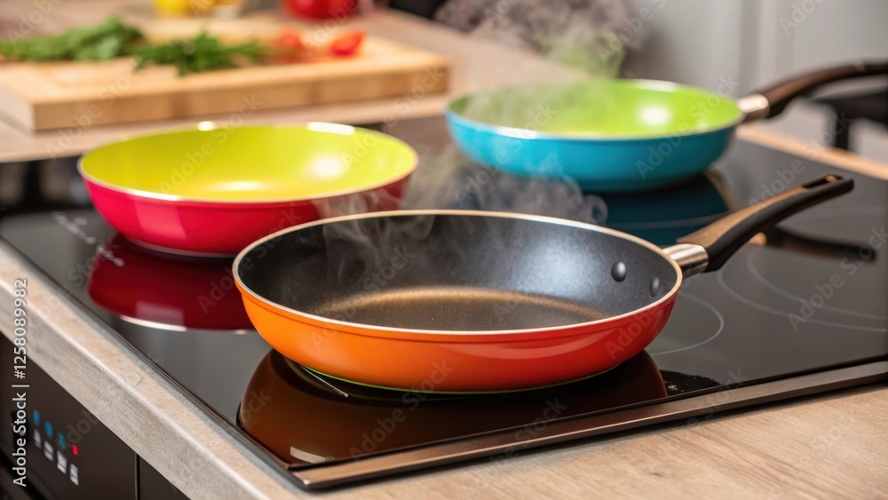 Poster a medium closeup of an induction cooktop with colorful pans heating up illustrating the rapid cookin