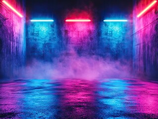 Fototapeta premium Vibrant neon lighting showcase urban studio photography nighttime wide angle artistic expression