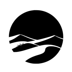 Moonlight Desert: Black silhouette of mountains with a grassy foreground, framed by a circle. Minimalist and bold.