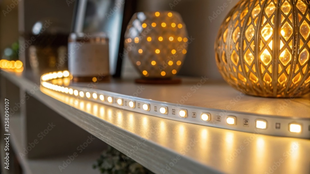 Poster A medium closeup of an LED strip light being positioned along the edge of a shelf highlighting the warm glow illuminating decorative items.